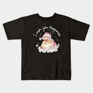 Cute pink Santa with vintage white flowers says I wish you happiness. Kids T-Shirt